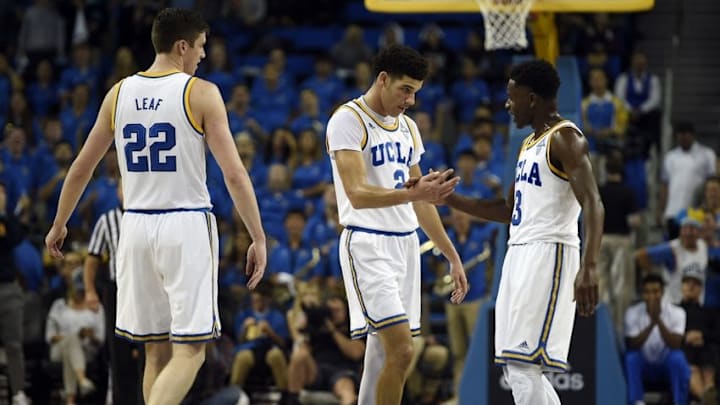 Nov 20, 2016; Los Angeles, CA, USA; UCLA Bruins guard Lonzo Ball (2) celebrates with guard Aaron Holiday (3) during the second half against the Long Beach State 49ers at Pauley Pavilion. The UCLA Bruins won 114-77. Mandatory Credit: Kelvin Kuo-USA TODAY Sports