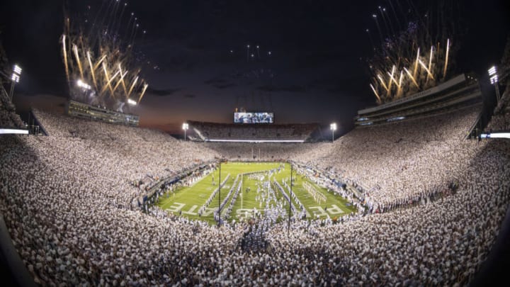 STATE COLLEGE, PA - SEPTEMBER 18: A general view of fireworks as the Penn State Nittany Lions take the field before the whiteout game against the Auburn Tigers at Beaver Stadium on September 18, 2021 in State College, Pennsylvania. (Photo by Scott Taetsch/Getty Images)