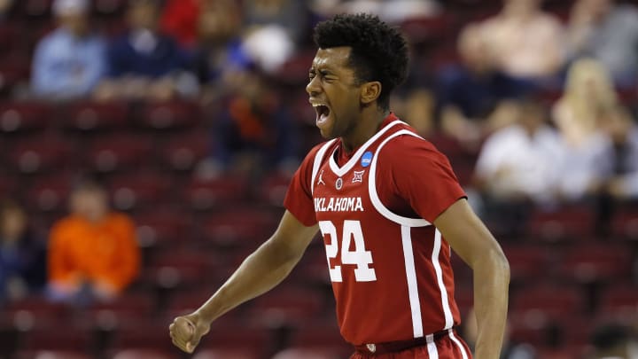 COLUMBIA, SOUTH CAROLINA – MARCH 22: Jamal Bieniemy #24 of the Oklahoma Sooners celebrates after a play in the first half against the Mississippi Rebels during the first round of the 2019 NCAA Men’s Basketball Tournament at Colonial Life Arena on March 22, 2019 in Columbia, South Carolina. (Photo by Kevin C. Cox/Getty Images)