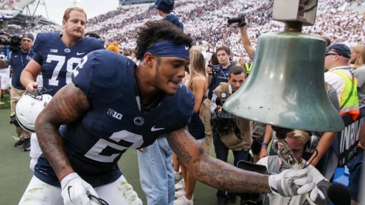 Sep 17, 2016; University Park, PA, USA; Penn State Nittany Lions safety Marcus Allen (2) rings the victory bell following the completion of the game against the Temple Owls at Beaver Stadium. Penn State defeated Temple 34-27. Mandatory Credit: Matthew O