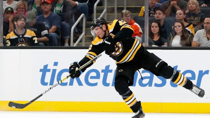 BOSTON, MA - SEPTEMBER 23: Boston Bruins center David Backes (42) passes up ice during a preseason game between the Boston Bruins and the Philadelphia Flyers on September 23, 2019, at TD Garden in Boston, Massachusetts. (Photo by Fred Kfoury III/Icon Sportswire via Getty Images)