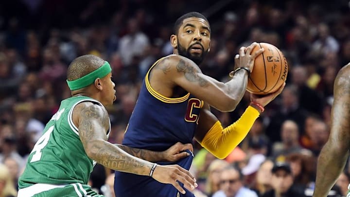 Nov 3, 2016; Cleveland, OH, USA; Boston Celtics guard Isaiah Thomas (4) guards Cleveland Cavaliers guard Kyrie Irving (2) during the first quarter at Quicken Loans Arena. Mandatory Credit: Ken Blaze-USA TODAY Sports