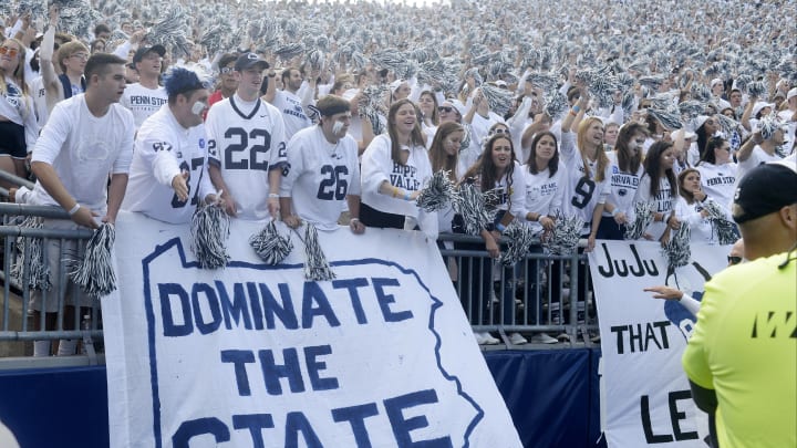 STATE COLLEGE, PA – SEPTEMBER 09: Penn State fans in the white out student section hold a sign with James Franklin’s quote ‘Dominate the State’. The Penn State Nittany Lions defeated the Pittsburgh Panthers 33-14 in the Keystone Classic September 9, 2017 at Beaver Stadium in State College, PA. (Photo by Randy Litzinger/Icon Sportswire via Getty Images)