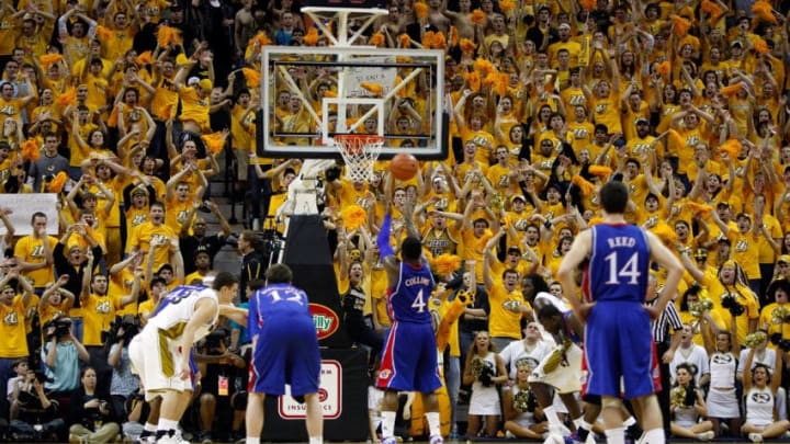 Kansas Jayhawks guard Sherron Collins shoots a free throw as Missouri Tigers fans try to distract. - (Photo by Jamie Squire/Getty Images)