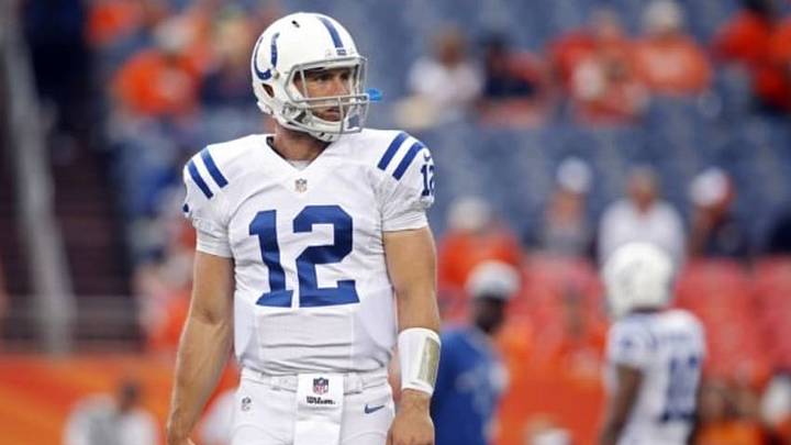 Sep 7, 2014; Denver, CO, USA; Indianapolis Colts quarterback Andrew Luck (12) warms up before the game against the Denver Broncos at Sports Authority Field at Mile High. Mandatory Credit: Chris Humphreys-USA TODAY Sports Sep 7, 2014; Denver, CO, USA; Indianapolis Colts quarterback Andrew Luck (12) warms up before the game against the Denver Broncos at Sports Authority Field at Mile High. Mandatory Credit: Chris Humphreys-USA TODAY Sports