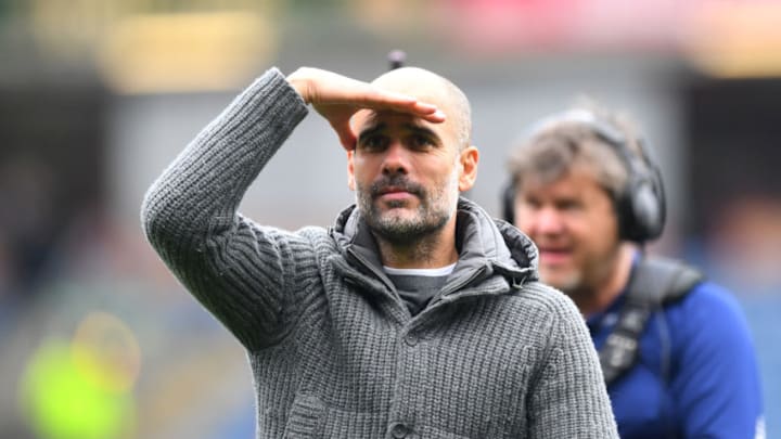 BURNLEY, ENGLAND - APRIL 28: Josep Guardiola, Manager of Manchester City celebrates victory after the Premier League match between Burnley FC and Manchester City at Turf Moor on April 28, 2019 in Burnley, United Kingdom. (Photo by Michael Regan/Getty Images)