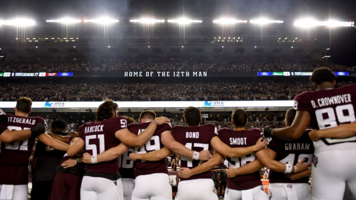 COLLEGE STATION, TEXAS – SEPTEMBER 17: The Texas A&M Aggies celebrate on the field after defeating the Miami Hurricanes with a score of 9 to 17 after their game at Kyle Field on September 17, 2022 in College Station, Texas. (Photo by Jack Gorman/Getty Images)