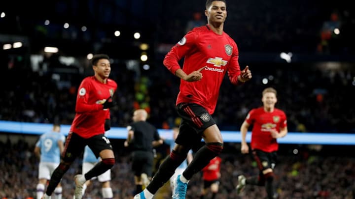 Manchester United's Marcus Rashford celebrates scoring his side's first goal of the game during the Premier League match at the Etihad Stadium, Manchester. (Photo by Martin Rickett/PA Images via Getty Images)