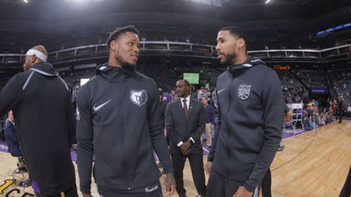 SACRAMENTO, CA - DECEMBER 31: Ben McLemore #23 of the Memphis Grizzlies talks to Garrett Temple #17 of the Sacramento Kings prior to the game on December 31, 2017 at Golden 1 Center in Sacramento, California. NOTE TO USER: User expressly acknowledges and agrees that, by downloading and or using this photograph, User is consenting to the terms and conditions of the Getty Images Agreement. Mandatory Copyright Notice: Copyright 2017 NBAE (Photo by Rocky Widner/NBAE via Getty Images)