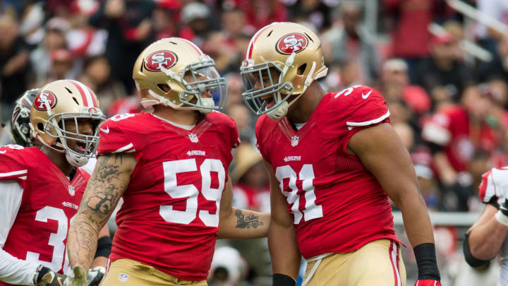 November 8, 2015; Santa Clara, CA, USA; San Francisco 49ers outside linebacker Aaron Lynch (59) and defensive end Arik Armstead (91) celebrate during the first quarter against the Atlanta Falcons at Levi’s Stadium. The 49ers defeated the Falcons 17-16. Mandatory Credit: Kyle Terada-USA TODAY Sports