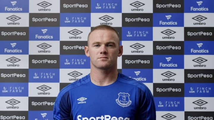 HALEWOOD, ENGLAND - JULY 8: (MINIMUM FEES APPLY - MINIMUM PRINT/BROADCAST FEE OF 150 GBP, ONLINE FEE OF 75 GBP, OR LOCAL EQUIVALENT) (EXCLUSIVE COVERAGE) New Everton signing Wayne Rooney poses for a photo at USM Finch Farm on July 8, 2017 in Halewood, England. (Photo by Tony McArdle/Everton FC via Getty Images)