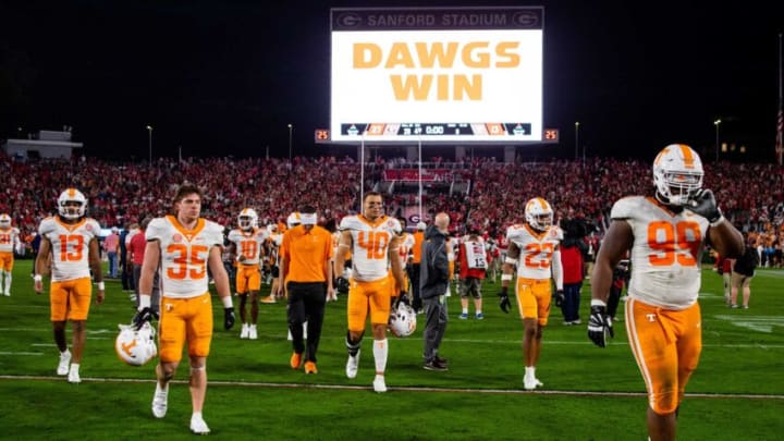 Tennessee players walk off the field after Tennessee's game against Georgia at Sanford Stadium in Athens, Ga., on Saturday, Nov. 5, 2022.Kns Vols Georgia Bp
