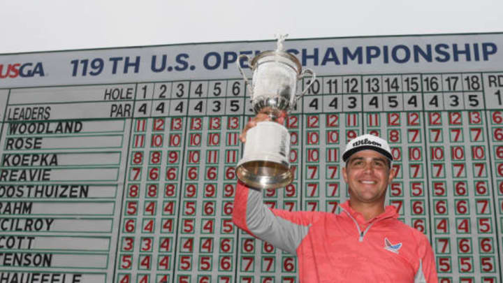 PEBBLE BEACH, CALIFORNIA – JUNE 16: Gary Woodland of the United States poses with the trophy after winning the 2019 U.S. Open at Pebble Beach Golf Links on June 16, 2019 in Pebble Beach, California. (Photo by Ross Kinnaird/Getty Images)