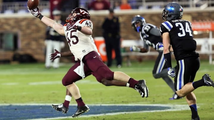 Nov 5, 2016; Durham, NC, USA; Virginia Tech Hokies fullback Sam Rogers (45) reaches for a pass in the second half against the Duke Blue Devils at Wallace Wade Stadium. Mandatory Credit: Mark Dolejs-USA TODAY Sports