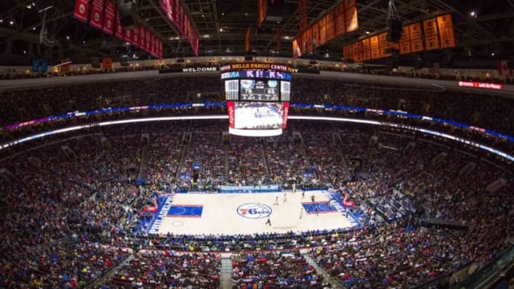 Jan 30, 2016; Philadelphia, PA, USA; General view of a sell out crowd at Wells Fargo Center for a game between the Philadelphia 76ers and the Golden State Warriors. The Golden State Warriors won 108-105. Mandatory Credit: Bill Streicher-USA TODAY Sports
