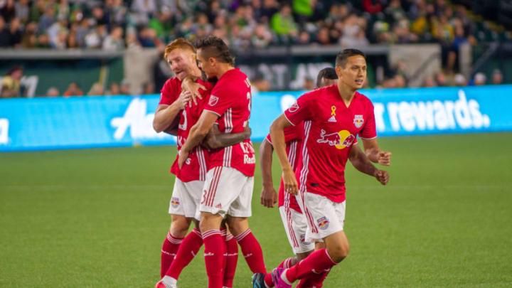 PORTLAND, OR - SEPTEMBER 18:New York Red Bulls players celebrate Kyle Duncan's goal during the game between the New York Red Bulls and the Portland Timbers at Providence Park on September 18, 2019, at Portland, OR. (Photo by Diego Diaz/Icon Sportswire via Getty Images).