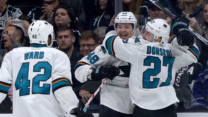 Apr 14, 2016; Los Angeles, CA, USA; San Jose Sharks right wing Joel Ward (42), center Tomas Hertl (48), right wing Joonas Donskoi (27) celebrate a goal in the second period of the game one of the first round of the 2016 Stanley Cup Playoffs against the Los Angeles Kings at Staples Center. Mandatory Credit: Jayne Kamin-Oncea-USA TODAY Sports
