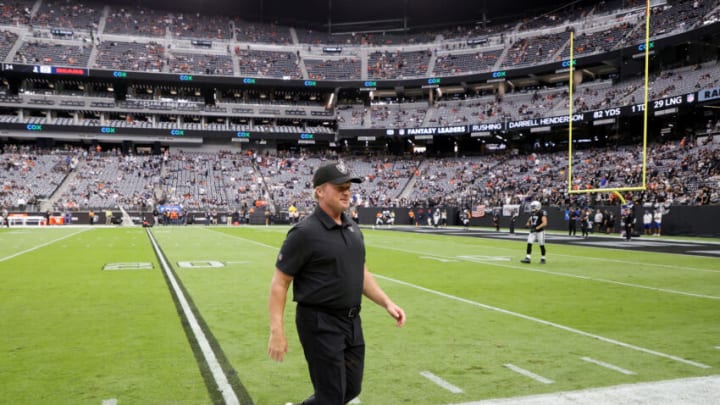 LAS VEGAS, NEVADA - OCTOBER 10: Head coach Jon Gruden of the Las Vegas Raiders walks on the field before a game against the Chicago Bears at Allegiant Stadium on October 10, 2021 in Las Vegas, Nevada. The Bears defeated the Raiders 20-9. (Photo by Ethan Miller/Getty Images)