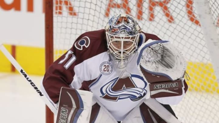 Nov 17, 2015; Toronto, Ontario, CAN; Colorado Avalanche goaltender Calvin Pickard (31) warms up prior to the game against the Toronto Maple Leafs at the Air Canada Centre. Mandatory Credit: John E. Sokolowski-USA TODAY Sports