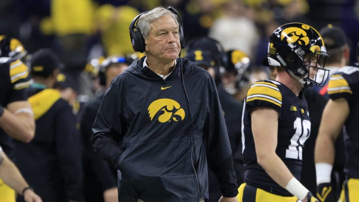 INDIANAPOLIS, INDIANA – DECEMBER 04: Head coach Kirk Ferentz of the Iowa Hawkeyes watches his team from the sidelines during the Big Ten Football Championship against the Michigan Wolverines at Lucas Oil Stadium on December 04, 2021 in Indianapolis, Indiana. (Photo by Justin Casterline/Getty Images)