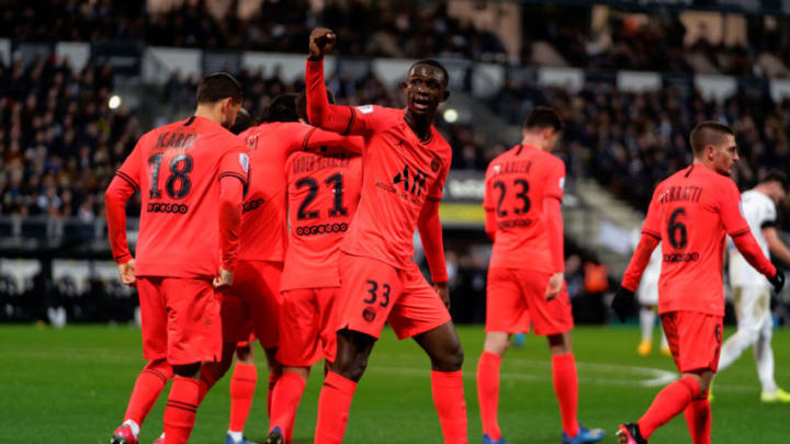 AMIENS, FRANCE - FEBRUARY 15: Paris' Tanguy Kouassi celebrates after scoring goal during the Ligue 1 match between Amiens and Paris at Stade de la Licorne on February 15, 2020 in Amiens, France. (Photo by Sylvain Lefevre/Getty Images)