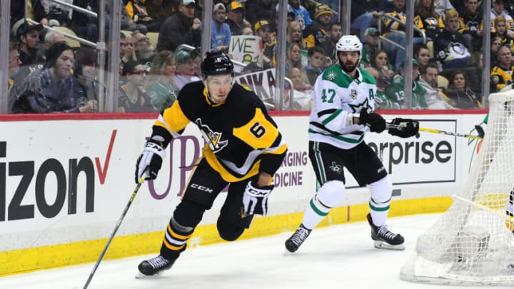 PITTSBURGH, PA - MARCH 11: Jamie Oleksiak #6 of the Pittsburgh Penguins skates with the puck against the Dallas Stars at PPG PAINTS Arena on March 11, 2018 in Pittsburgh, Pennsylvania. (Photo by Matt Kincaid/Getty Images)