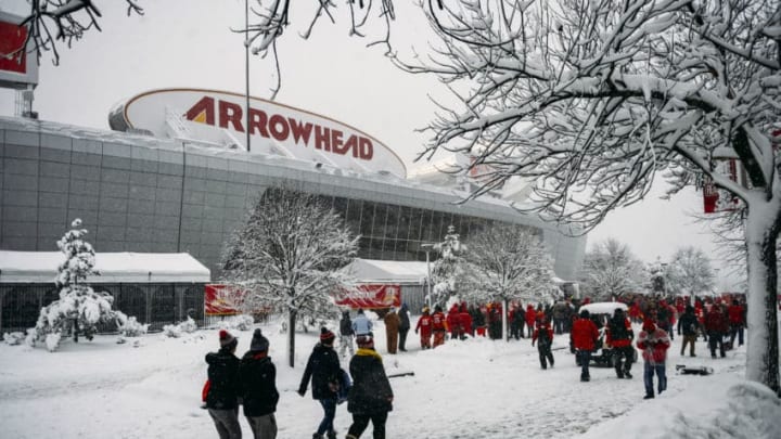 KANSAS CITY, MO - JANUARY 12: Kansas City Chiefs fans walk through the parking lot prior to the AFC Divisional Round playoff game between the Kansas City Chiefs and the Indianapolis Colts at Arrowhead Stadium on January 12, 2019 in Kansas City, Missouri. (Photo by Jason Hanna/Getty Images)