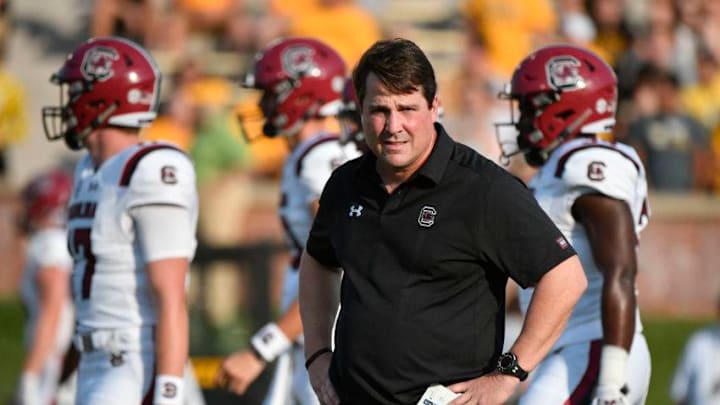 COLUMBIA, MO - SEPTEMBER 9: Will Muschamp head coach of the South Carolina Gamecocks watches his team warm up prior to a game against the Missouri Tigers in the first quarter at Memorial Stadium on September 9, 2017 in Columbia, Missouri. (Photo by Ed Zurga/Getty Images)