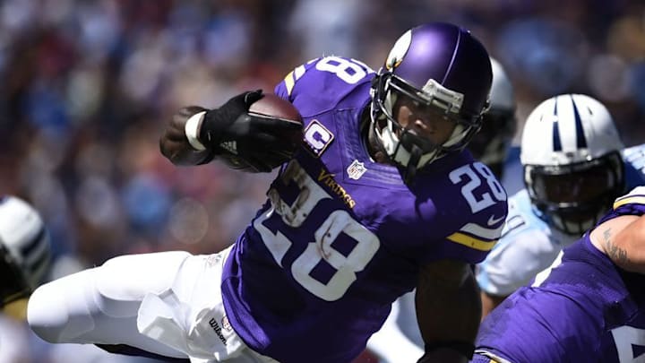 Sep 11, 2016; Nashville, TN, USA; Minnesota Vikings running back Adrian Peterson (28) carries the ball against the Tennessee Titans at Nissan Stadium. Mandatory Credit: Andrew Nelles/The Tennessean-USA TODAY Sports