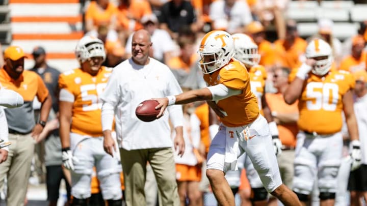 KNOXVILLE, TENNESSEE - AUGUST 31: J.T. Shrout #12 of the Tennessee Volunteers warms up before facing the Georgia State Panthers during the season opener at Neyland Stadium on August 31, 2019 in Knoxville, Tennessee. (Photo by Silas Walker/Getty Images)