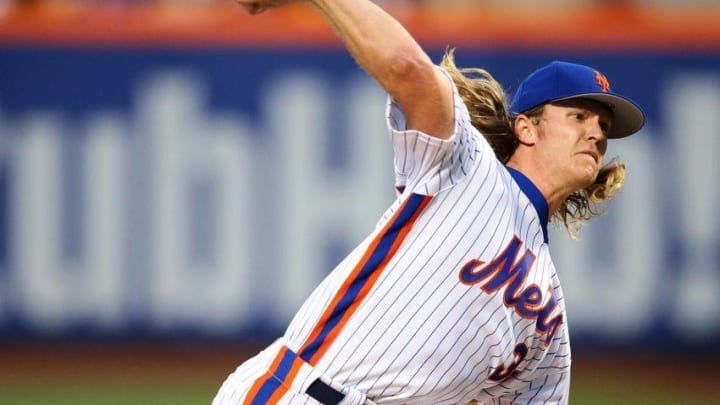 May 28, 2016; New York City, NY, USA; New York Mets starting pitcher Noah Syndergaard (34) pitches against the Los Angeles Dodgers during the first inning at Citi Field. Mandatory Credit: Andy Marlin-USA TODAY Sports