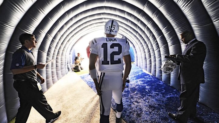 Aug 22, 2015; Indianapolis, IN, USA; Indianapolis Colts quarterback Andrew Luck (12) waits in the tunnel prior to being introduced for the game against the Chicago Bears at Lucas Oil Stadium. Mandatory Credit: Thomas J. Russo-USA TODAY Sports