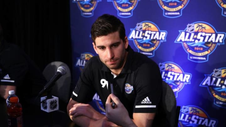 TAMPA, FL - JANUARY 27: John Tavares #91 of the New York Islanders addresses the media during Media Day for the 2018 NHL All-Star at the Grand Hyatt Hotel on January 27, 2018 in Tampa, Florida. (Photo by Bruce Bennett/Getty Images)