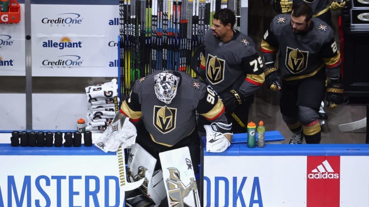 Robin Lehner #90 of the Vegas Golden Knights leads his team out for warm-ups prior to the game against the Vancouver Canucks in Game Seven