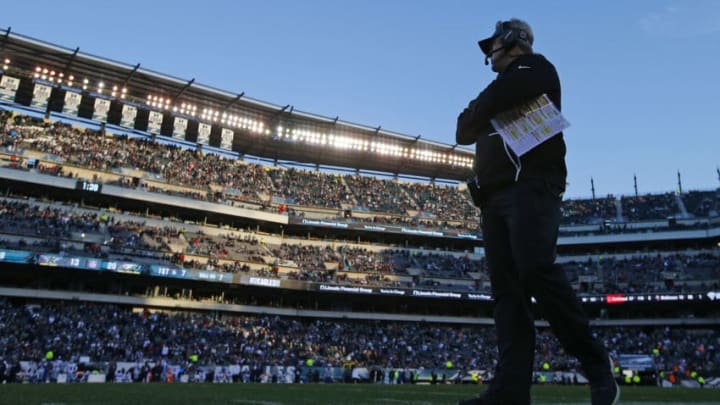 PHILADELPHIA, PA - JANUARY 01: Head coach Doug Pederson of the Philadelphia Eagles looks out onto the field in the final moments of a game against the Dallas Cowboys at Lincoln Financial Field on January 1, 2017 in Philadelphia, Pennsylvania. The Eagles defeated the Cowboys 27-13. (Photo by Rich Schultz/Getty Images)