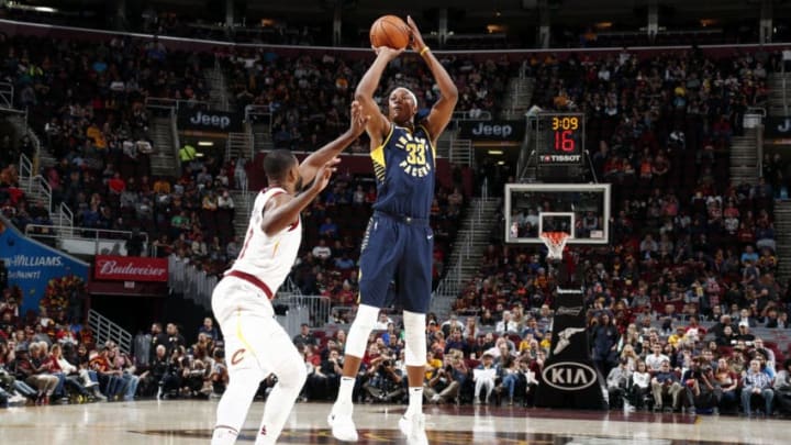 CLEVELAND, OH - OCTOBER 6: Myles Turner #33 of the Indiana Pacers shoots the ball during the preseason game against the Cleveland Cavaliers on October 6, 2017 at Quicken Loans Arena in Cleveland, Ohio. NOTE TO USER: User expressly acknowledges and agrees that, by downloading and or using this Photograph, user is consenting to the terms and conditions of the Getty Images License Agreement. Mandatory Copyright Notice: Copyright 2017 NBAE (Photo by Nathaniel S. Butler/NBAE via Getty Images)