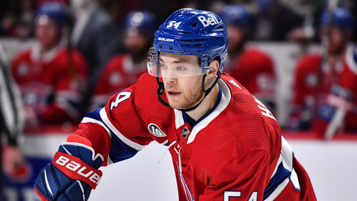 MONTREAL, QC – APRIL 29: Jordan Harris #54 of the Montreal Canadiens skates against the Florida Panthers during the third period at Centre Bell on April 29, 2022 in Montreal, Canada. The Montreal Canadiens defeated the Florida Panthers 10-2. (Photo by Minas Panagiotakis/Getty Images)