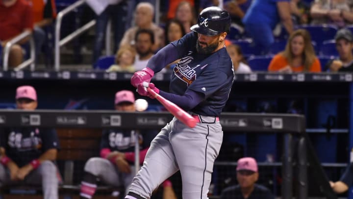 MIAMI, FL – MAY 13: Nick Markakis #22 of the Atlanta Braves bats for a rbi single in the first inning against the Miami Marlins at Marlins Park on May 13, 2018, in Miami, Florida. (Photo by Mark Brown/Getty Images)