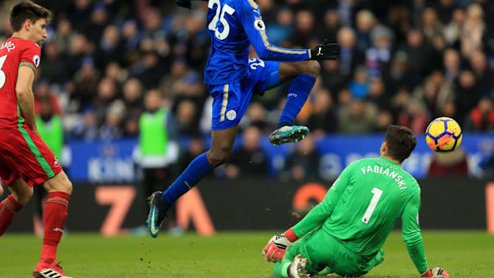 LEICESTER, ENGLAND - FEBRUARY 03: Wilfred Ndidi of Leicester City chases the ball during the Premier League match between Leicester City and Swansea City at The King Power Stadium on February 3, 2018 in Leicester, England. (Photo by Stephen Pond/Getty Images)