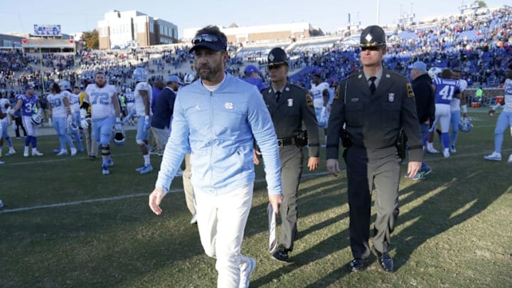 DURHAM, NC - NOVEMBER 10: Head coach Larry Fedora of the North Carolina Tar Heels walks off the field after being defeated by the Duke Blue Devils 42-35 after their game at Wallace Wade Stadium on November 10, 2018 in Durham, North Carolina. (Photo by Streeter Lecka/Getty Images)