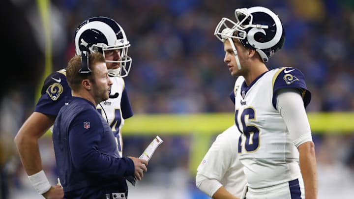 DETROIT, MI - DECEMBER 02: Quarterback Jared Goff #16 of the Los Angeles Rams talks to head coach Sean McVay during the first half at Ford Field on December 2, 2018 in Detroit, Michigan. (Photo by Gregory Shamus/Getty Images)