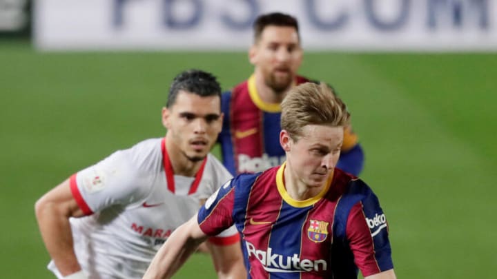 Frenkie de Jong during the Spanish Copa del Rey match between FC Barcelona v Sevilla at the Camp Nou on March 3, 2021 in Barcelona Spain (Photo by David S. Bustamante/Soccrates/Getty Images)