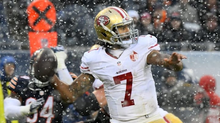Dec 4, 2016; Chicago, IL, USA; San Francisco 49ers quarterback Colin Kaepernick (7) drops back to pass against the Chicago Bears during the second half at Soldier Field. Mandatory Credit: Mike DiNovo-USA TODAY Sports