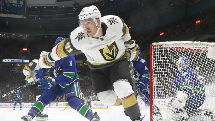 VANCOUVER, BC – DECEMBER 19: Jonathan Marchessault #81 of the Vegas Golden Knights scores on Jacob Markstrom #25 of the Vancouver Canucks during their NHL game at Rogers Arena December 19, 2019 in Vancouver, British Columbia, Canada. (Photo by Jeff Vinnick/NHLI via Getty Images)”n