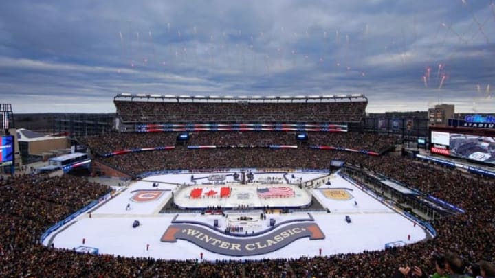 Jan 1, 2016; Foxborough, MA, USA; A general view of Gillette Stadium during the National Anthem before the Winter Classic hockey game at Gillette Stadium. Mandatory Credit: Greg M. Cooper-USA TODAY Sports