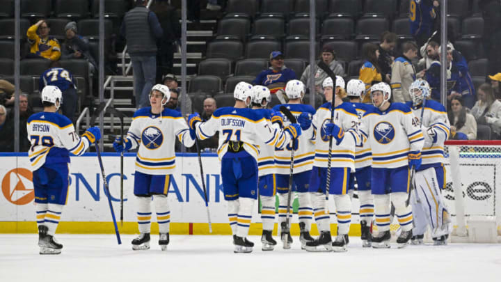 Jan 24, 2023; St. Louis, Missouri, USA; Buffalo Sabres celebrate after defeating the St. Louis Blues at Enterprise Center. Mandatory Credit: Jeff Curry-USA TODAY Sports