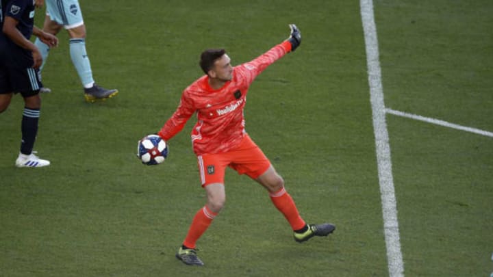 LOS ANGELES, CA – APRIL 21: Los Angeles FC goaltender Tyler Miller (1) makes a save during the game against the Seattle Sounders on April 21, 2019, at Banc of California Stadium in Los Angeles, CA. (Photo by Adam Davis/Icon Sportswire via Getty Images)