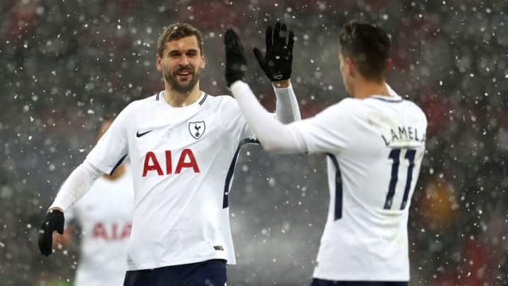 LONDON, ENGLAND - FEBRUARY 28: Fernando Llorente (L) and Erik Lamela (R) of Tottenham celebrate after Son Heung-min scores Tottenham's fifth goal of the game during The Emirates FA Cup Fifth Round Replay match between Tottenham Hotspur and Rochdale on February 28, 2018 in London, United Kingdom. (Photo by Catherine Ivill/Getty Images)