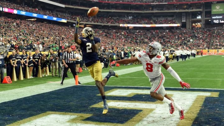 GLENDALE, AZ - JANUARY 01: Wide receiver Chris Brown #2 of the Notre Dame Fighting Irish hauls in a third quarter touchdown over cornerback Gareon Conley #8 of the Ohio State Buckeyes during the BattleFrog Fiesta Bowl at the University of Phoenix Stadium on January 1, 2016 in Glendale, Arizona. (Photo by Norm Hall/Getty Images)