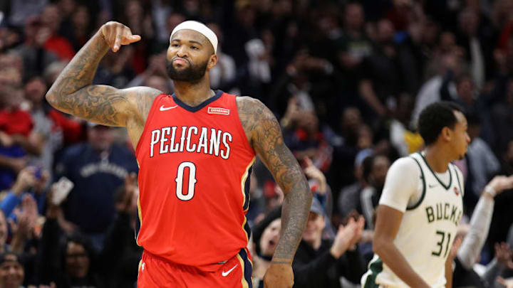 NEW ORLEANS, LA - DECEMBER 13: DeMarcus Cousins #0 of the New Orleans Pelicans reacts after a three point shot against the Milwaukee Bucks at Smoothie King Center on December 13, 2017 in New Orleans, Louisiana. (Photo by Chris Graythen/Getty Images)